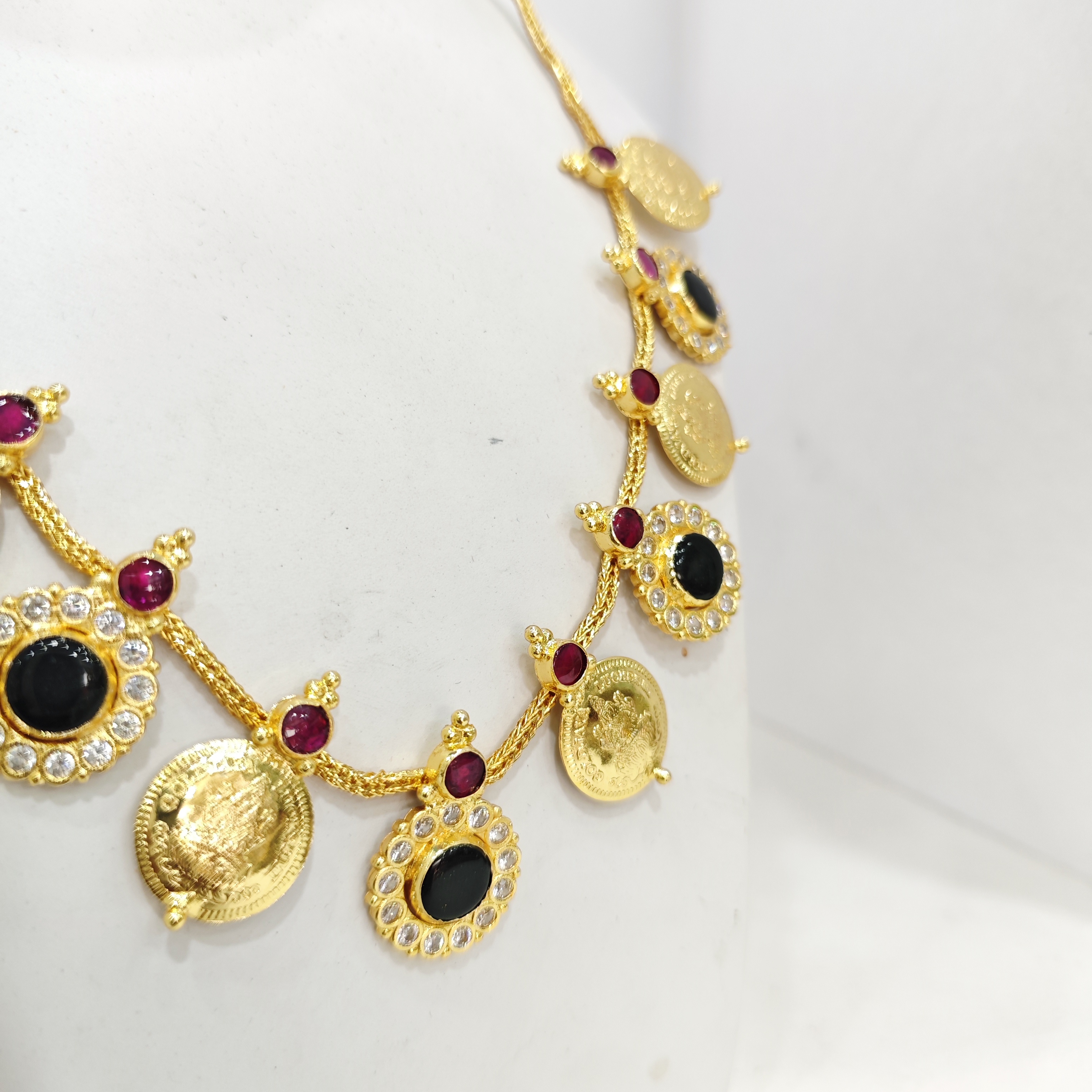  Designer Kasu Mala Necklace with Black Stone and Ruby Accents