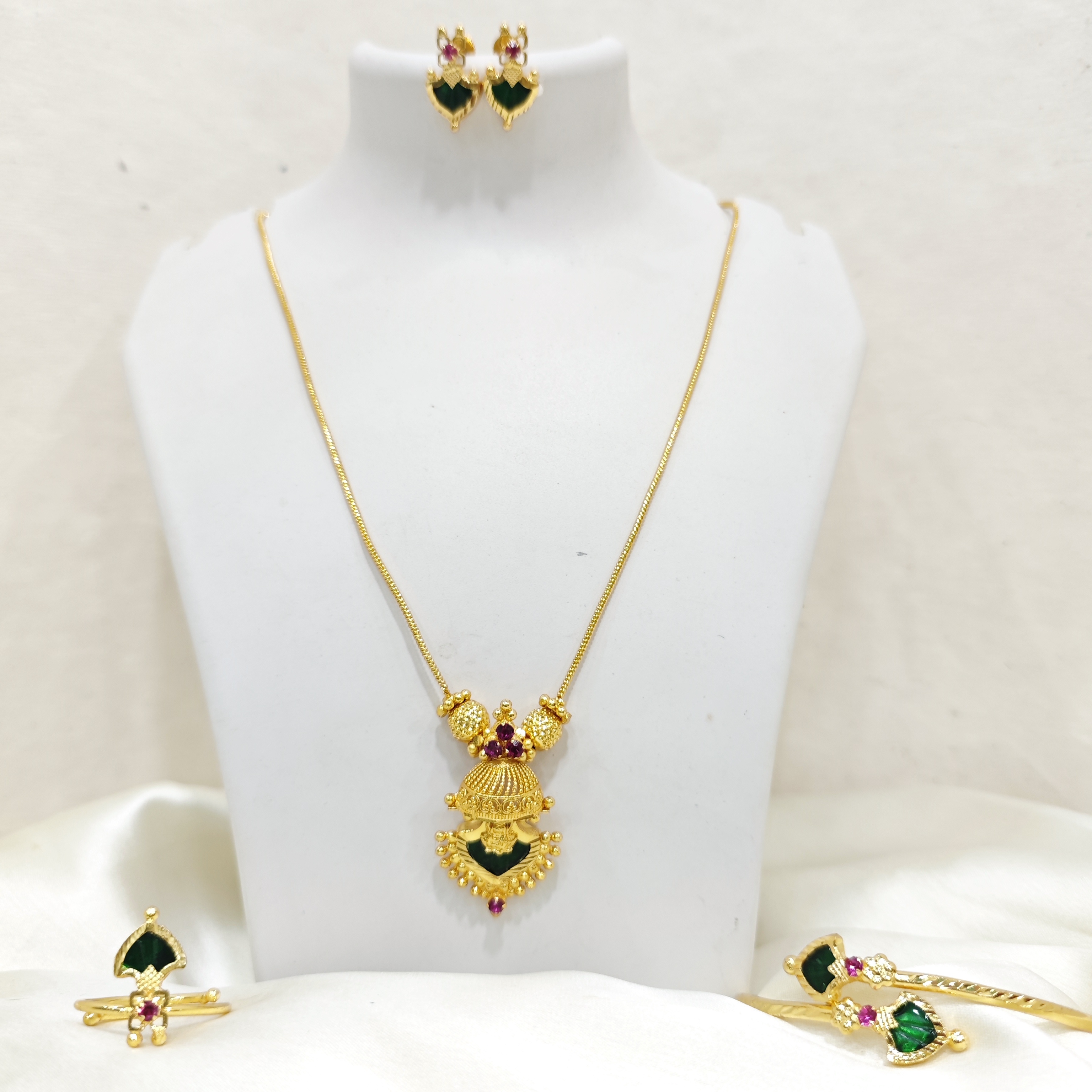 Traditional Green Stone Gold-Plated Jewellery Set