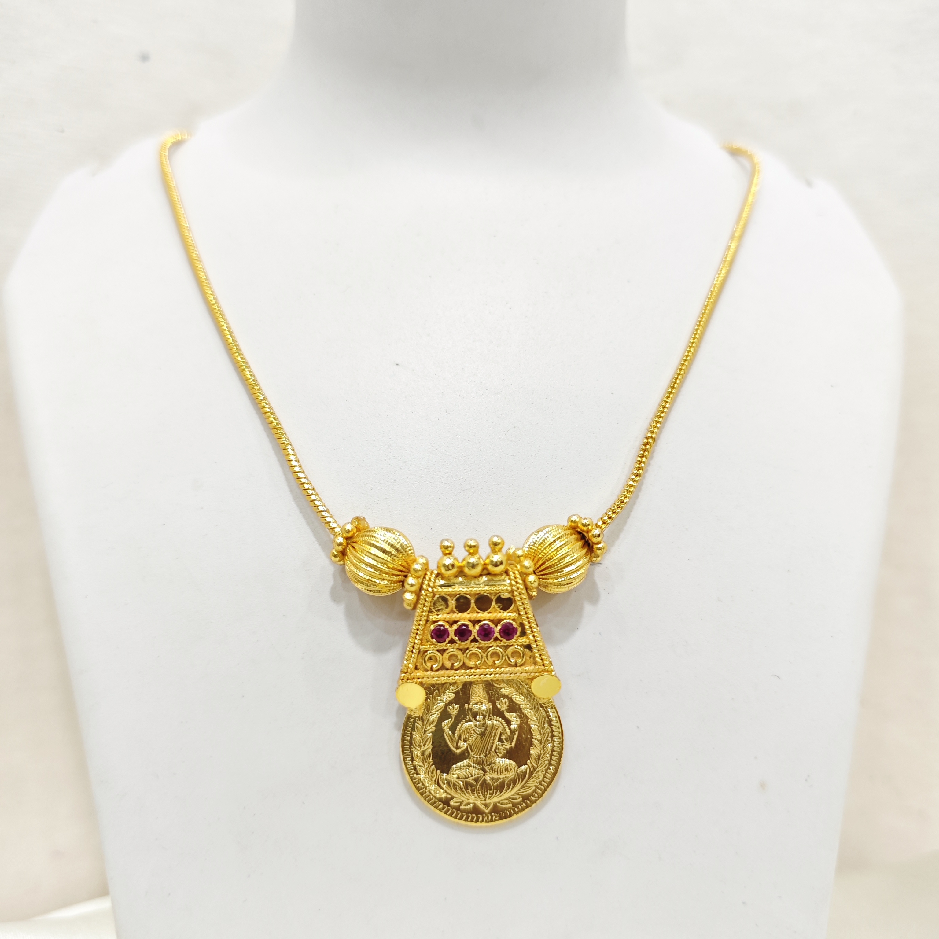 Gold-Plated Single Lakshmi Coin Pendant with Ruby Stones | Temple Jewellery