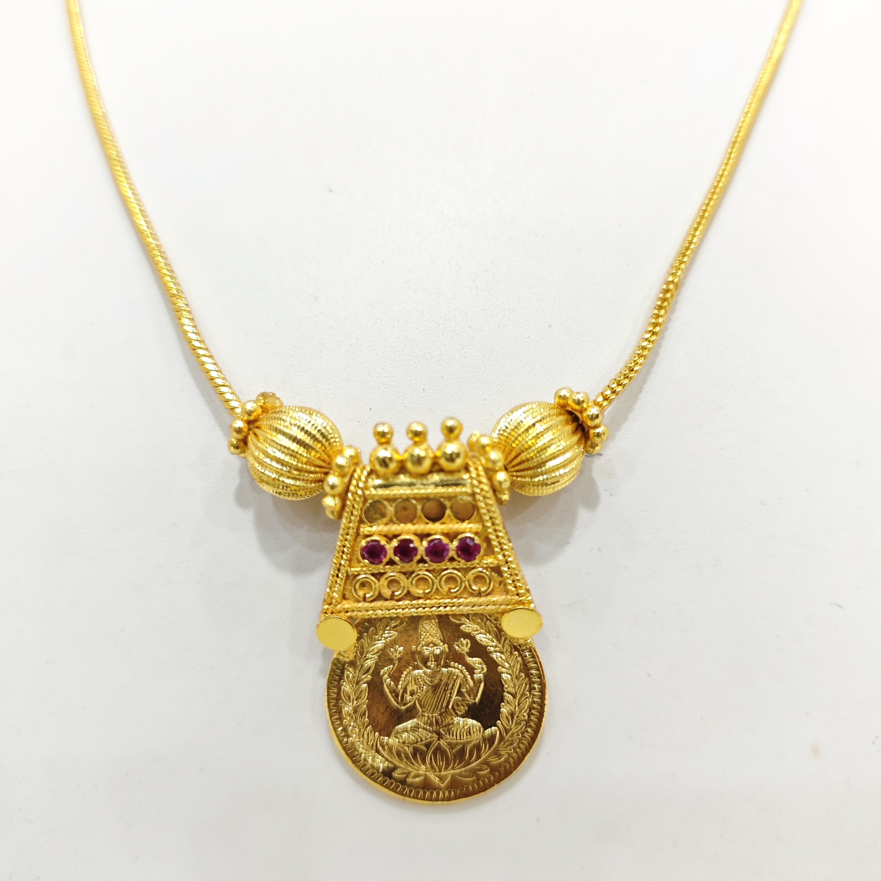 Gold-Plated Single Lakshmi Coin Pendant with Ruby Stones | Temple Jewellery