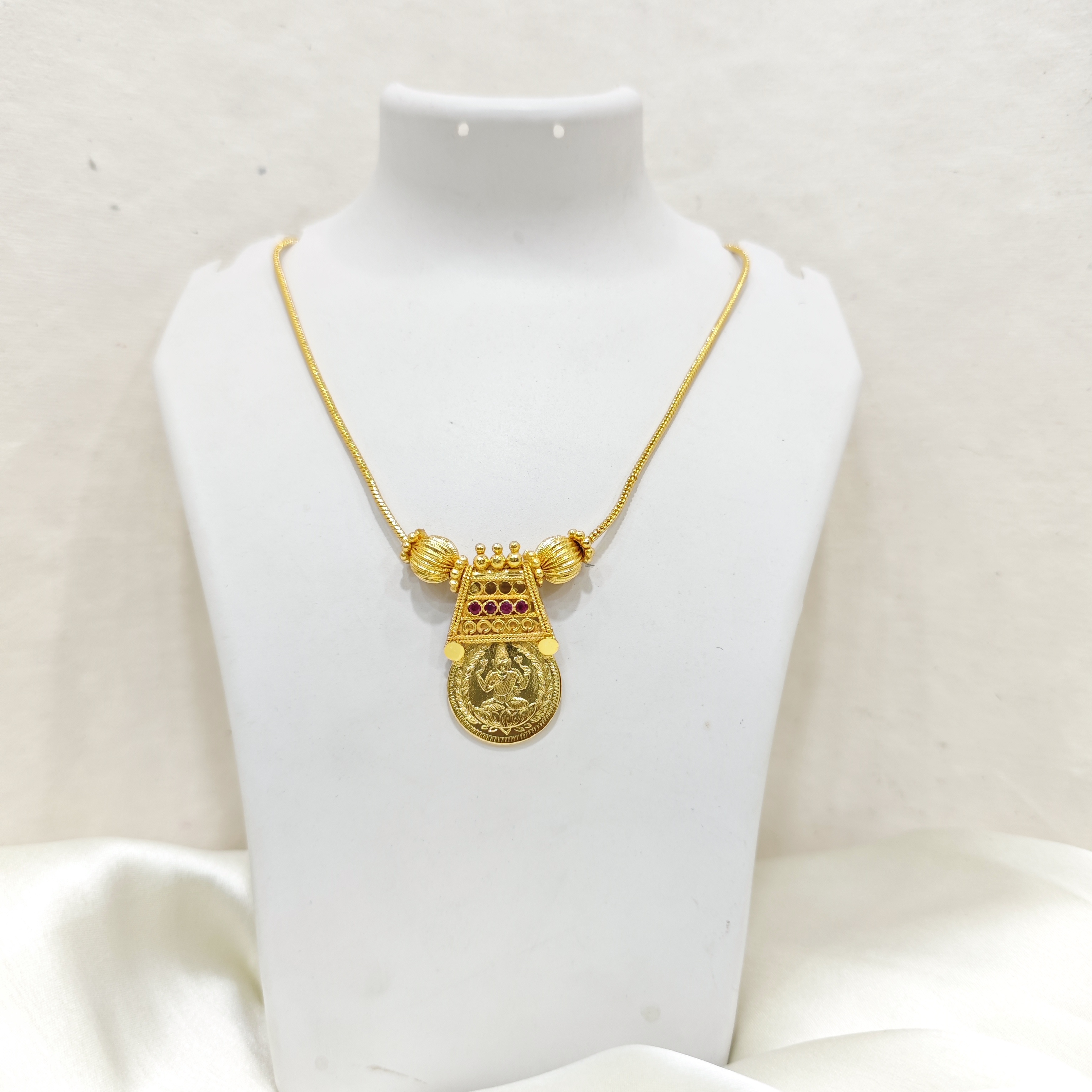 Gold-Plated Single Lakshmi Coin Pendant with Ruby Stones | Temple Jewellery