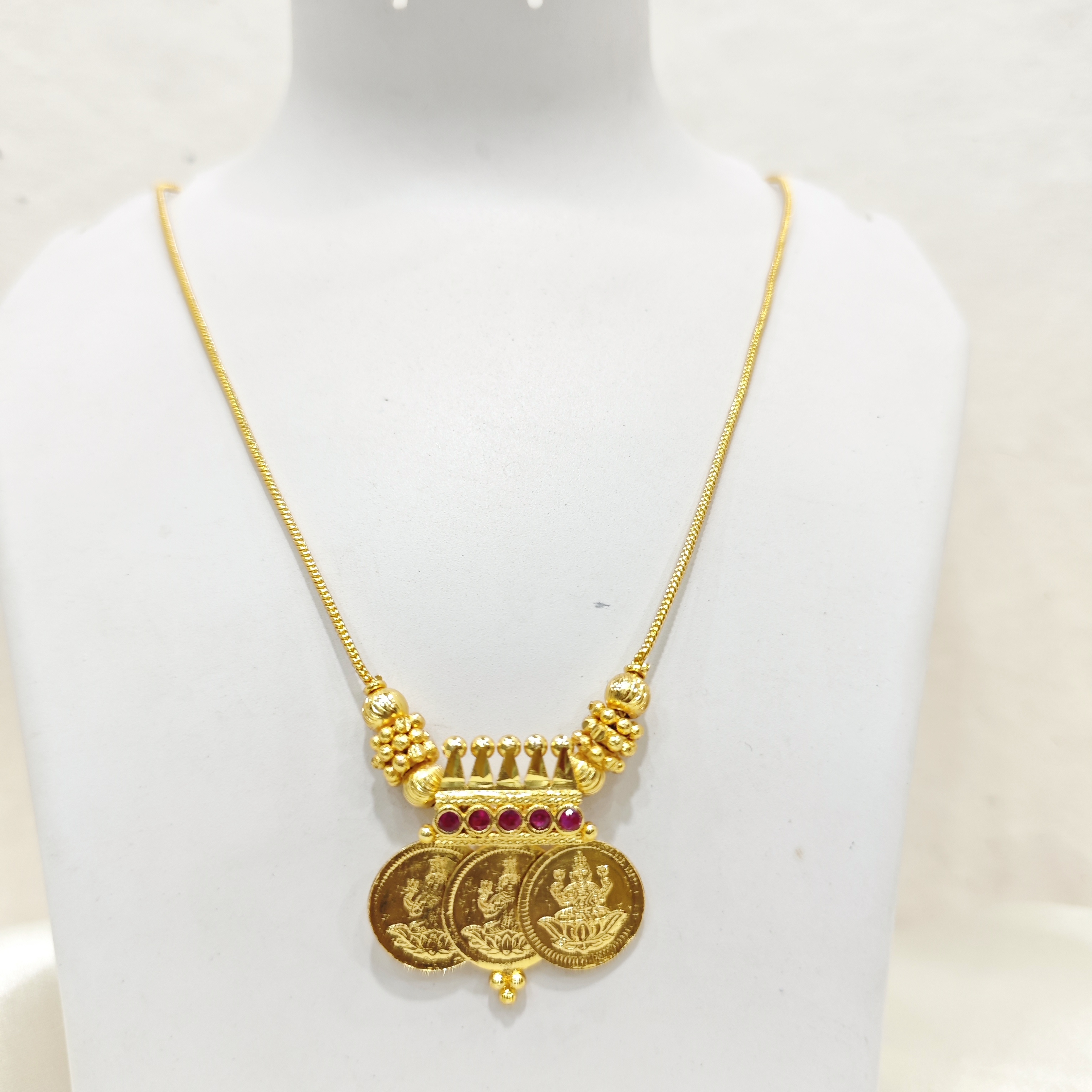 Gold-Plated Lakshmi Coin Pendant with Ruby Stones | Kasu Mala Style
