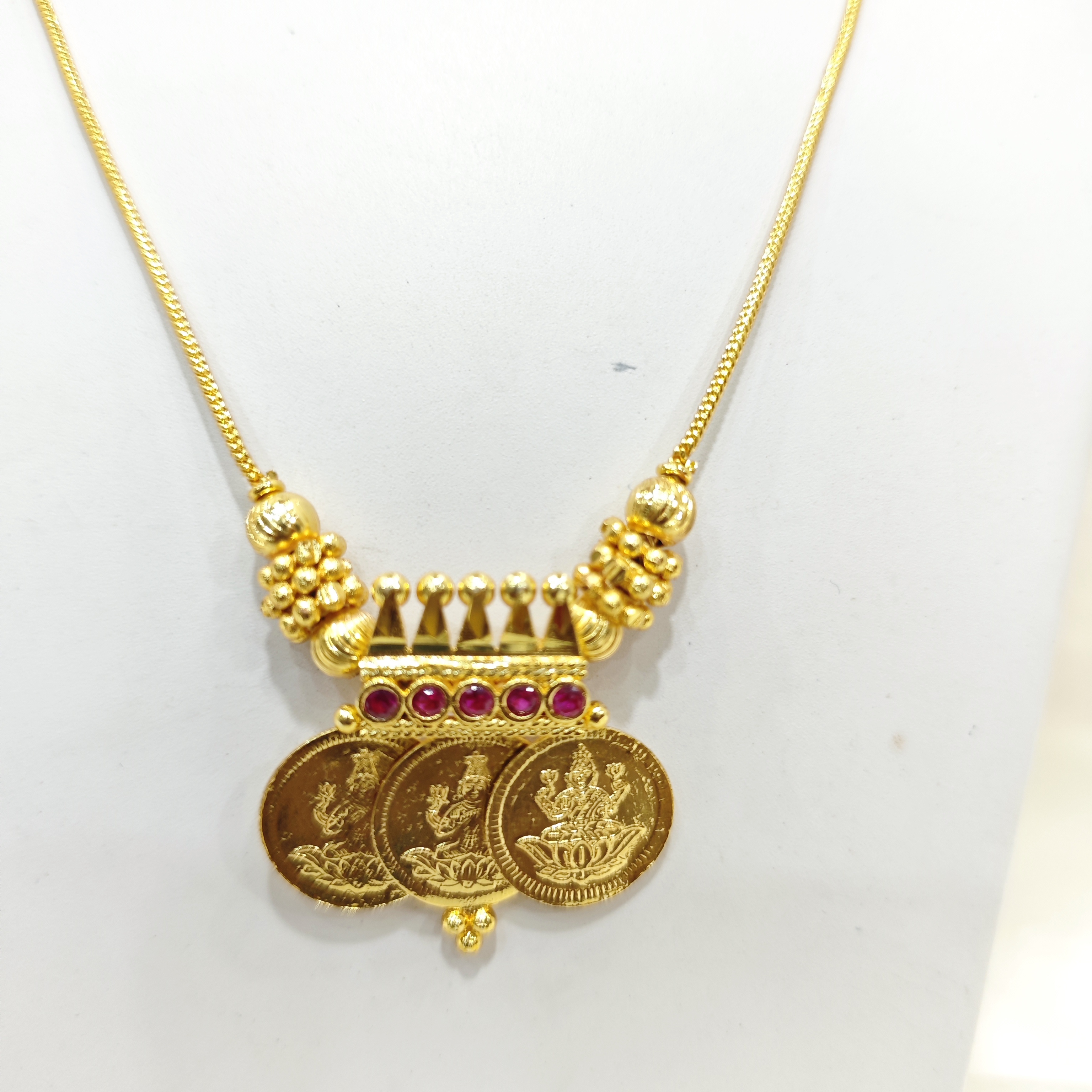 Gold-Plated Lakshmi Coin Pendant with Ruby Stones | Kasu Mala Style
