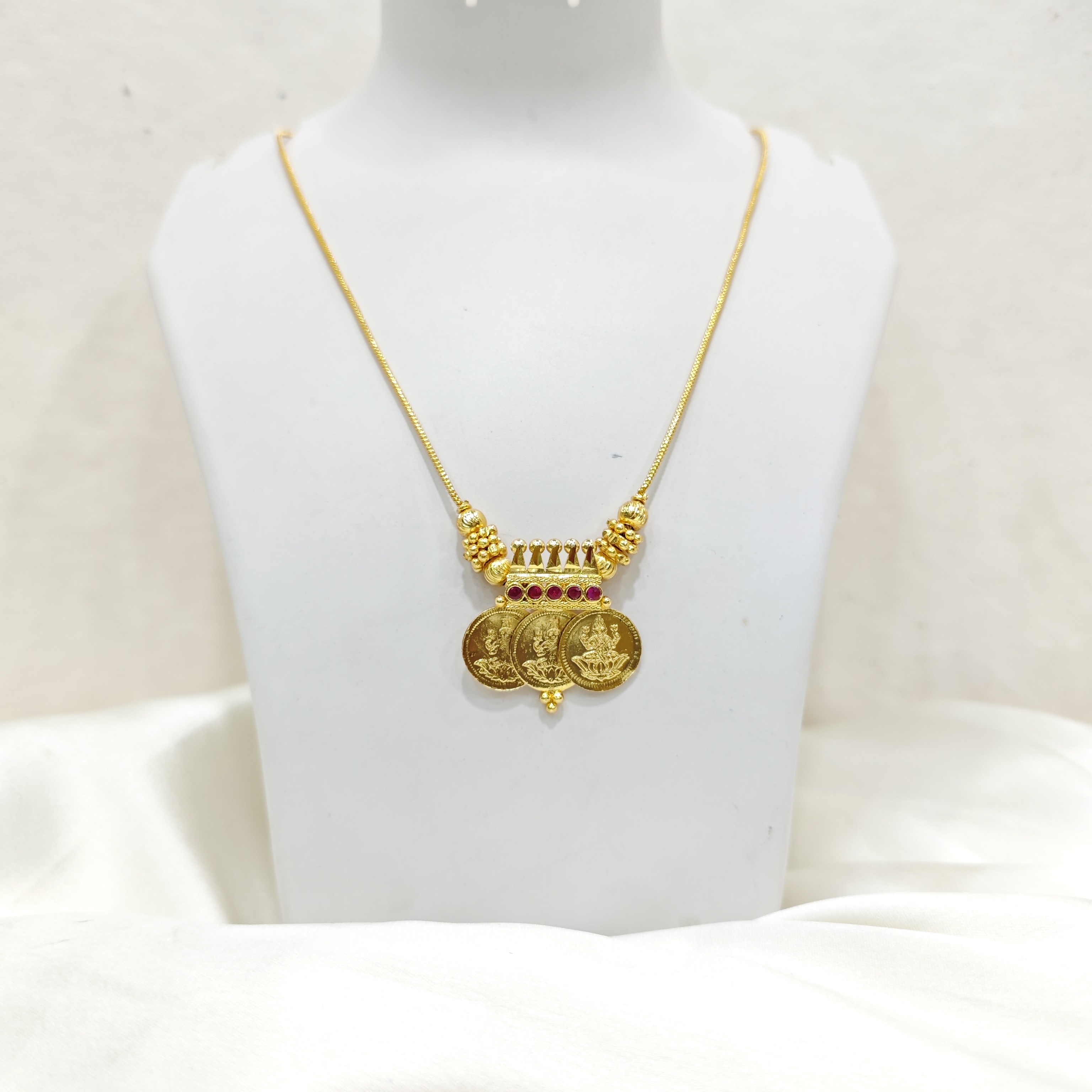 Gold-Plated Lakshmi Coin Pendant with Ruby Stones | Kasu Mala Style
