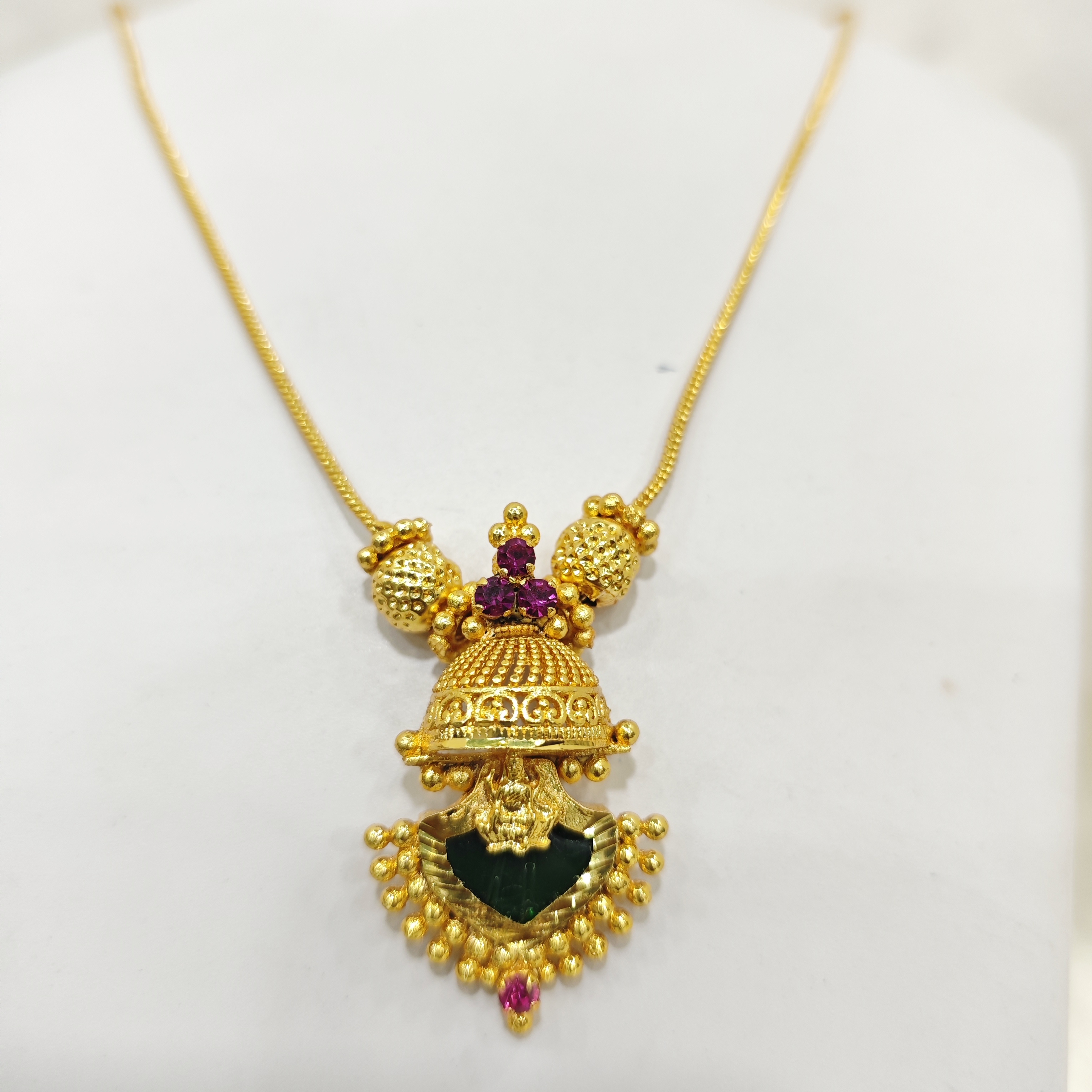 Gold-Plated Temple Pendant with Green Stone & Ruby Detailing