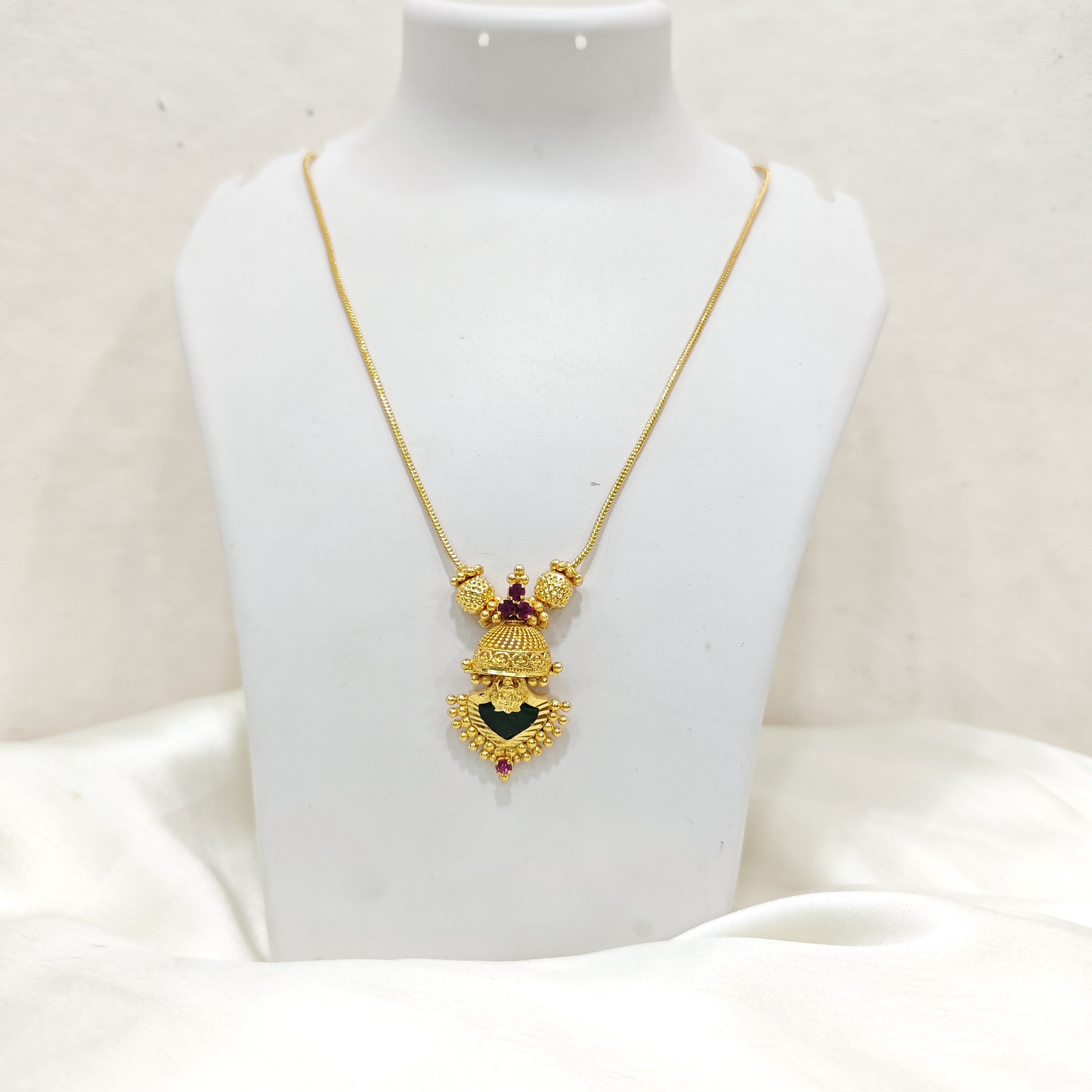 Gold-Plated Temple Pendant with Green Stone & Ruby Detailing