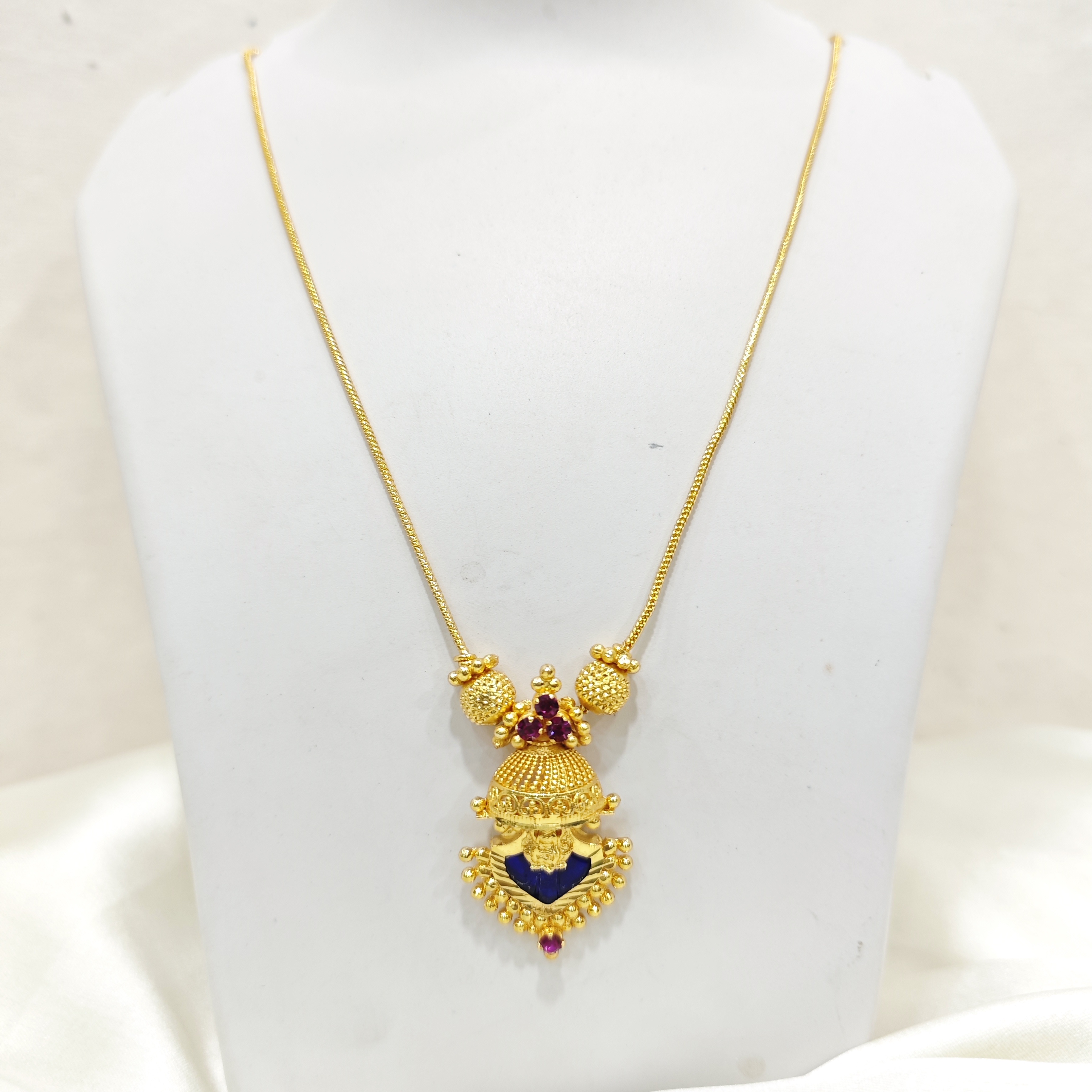 Gold-Plated Temple Pendant with Green Stone & Ruby Detailing