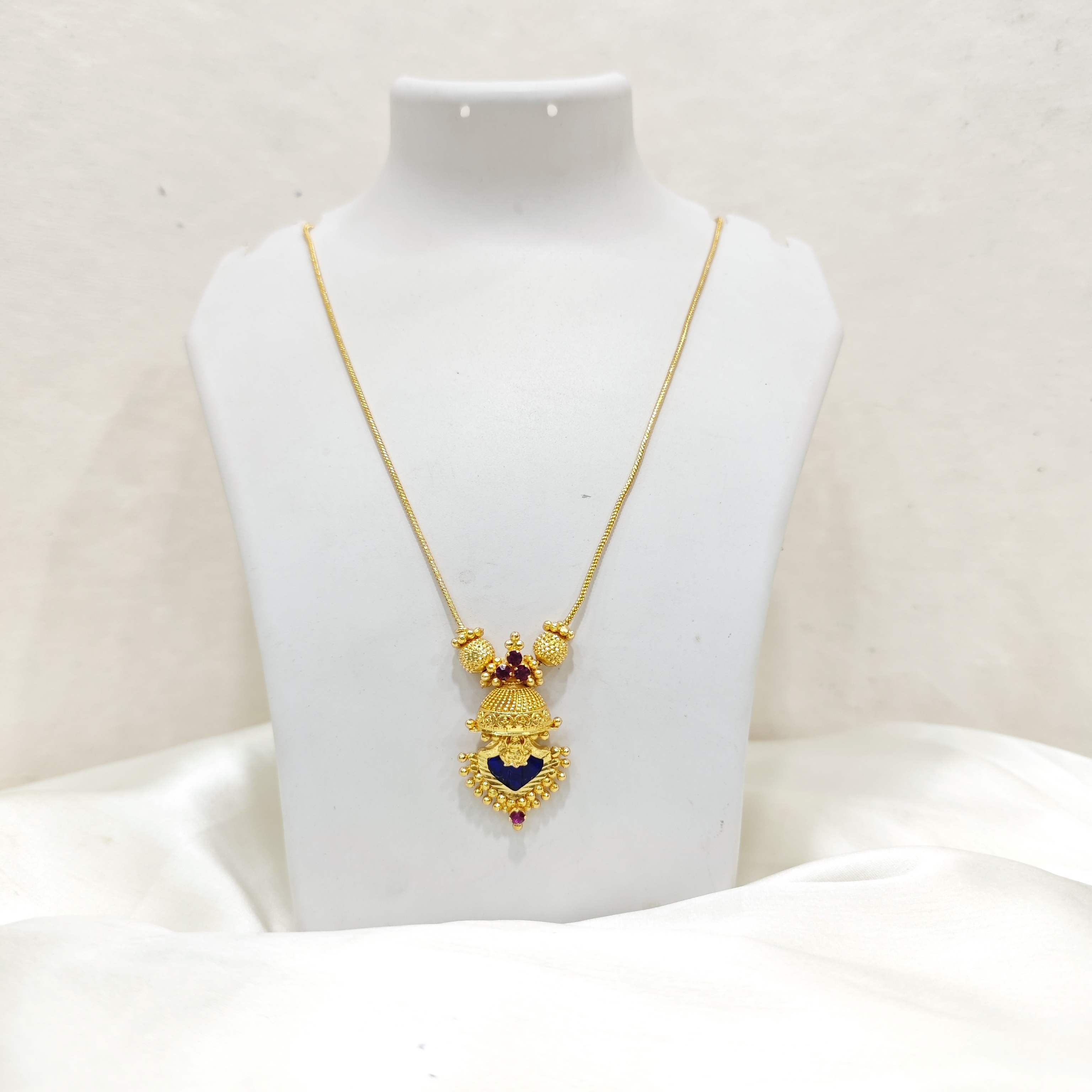 Gold-Plated Temple Pendant with Blue Stone & Ruby Accents