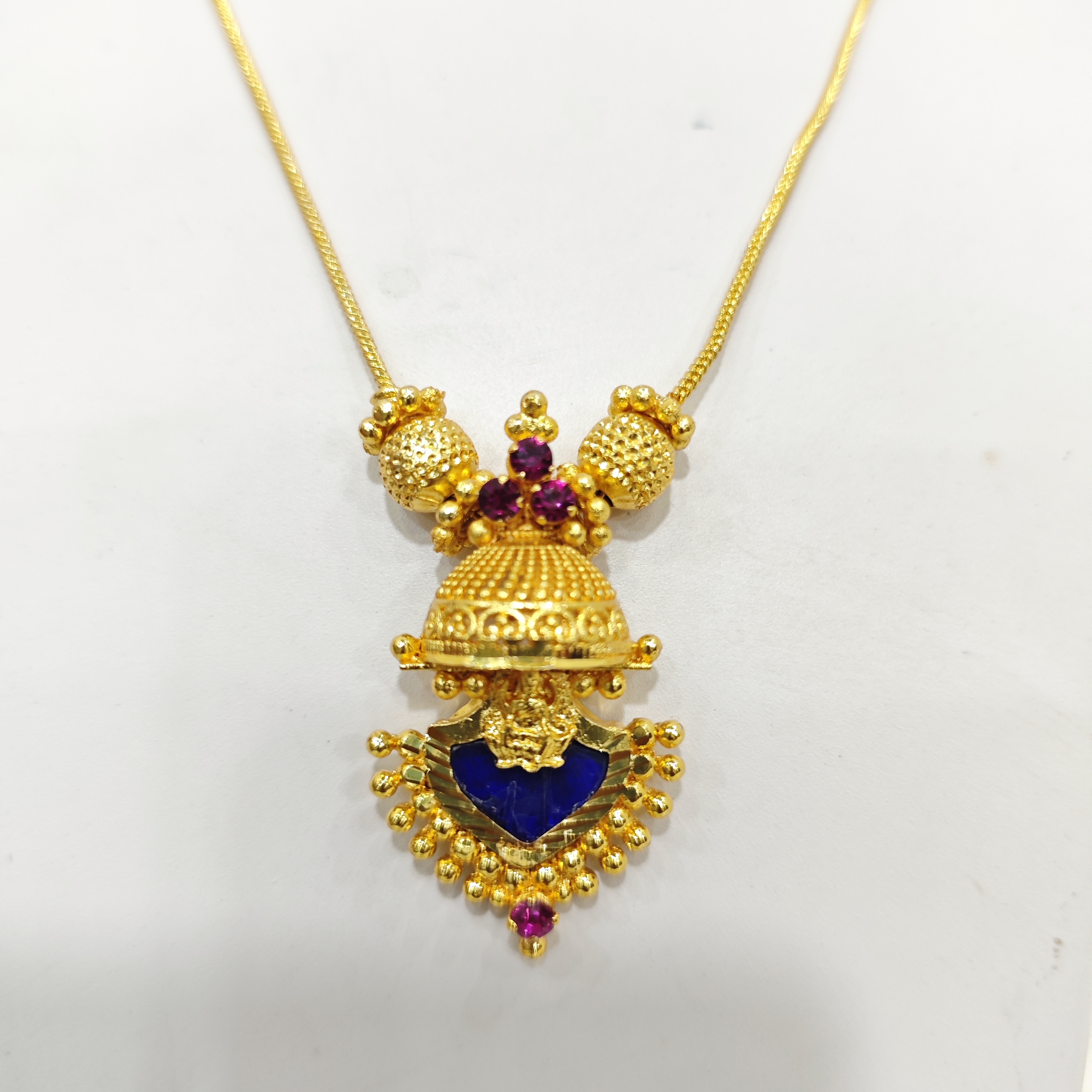 Gold-Plated Temple Pendant with Blue Stone & Ruby Accents