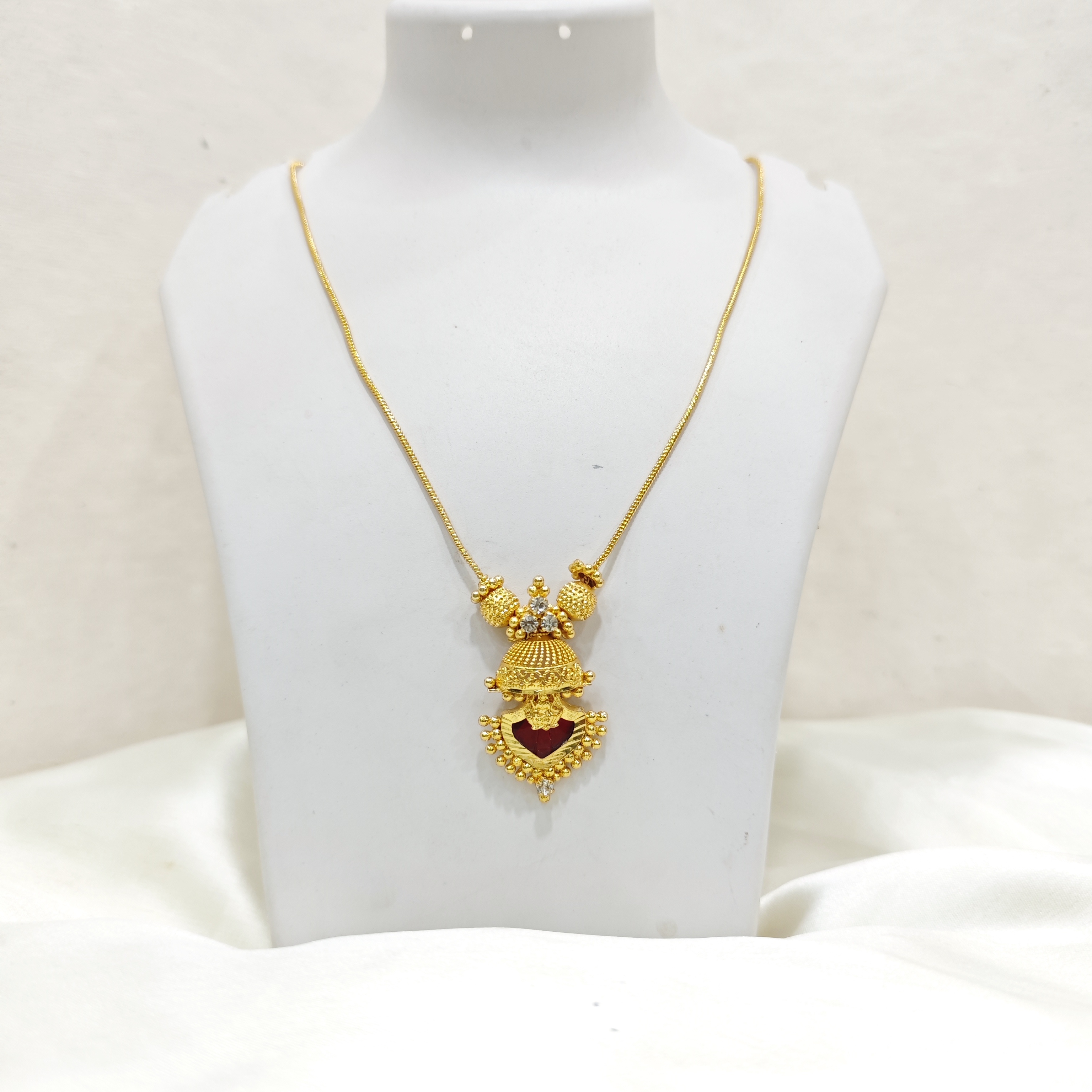 Traditional Gold-Plated Temple Design Pendant with Red Stone