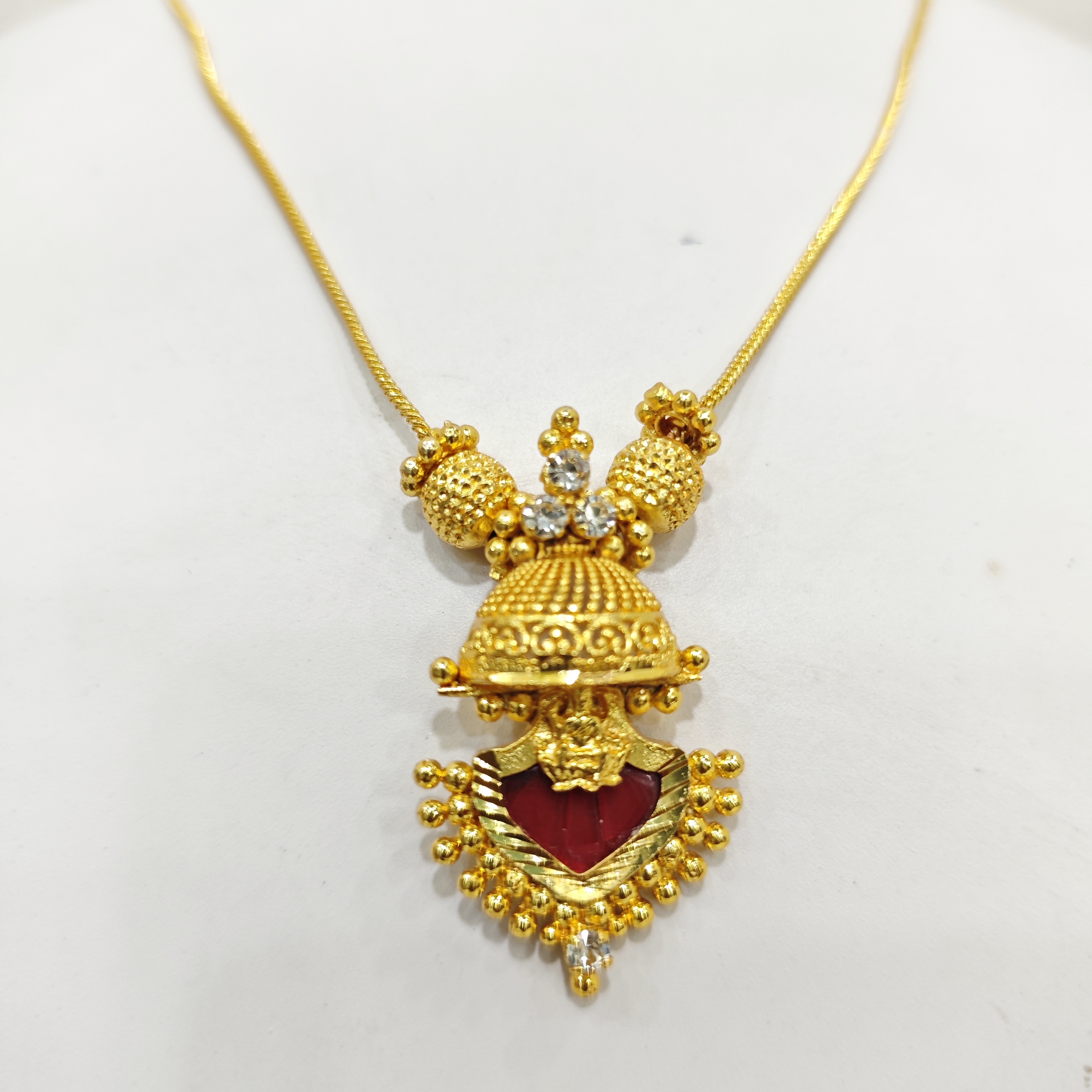Traditional Gold-Plated Temple Design Pendant with Red Stone