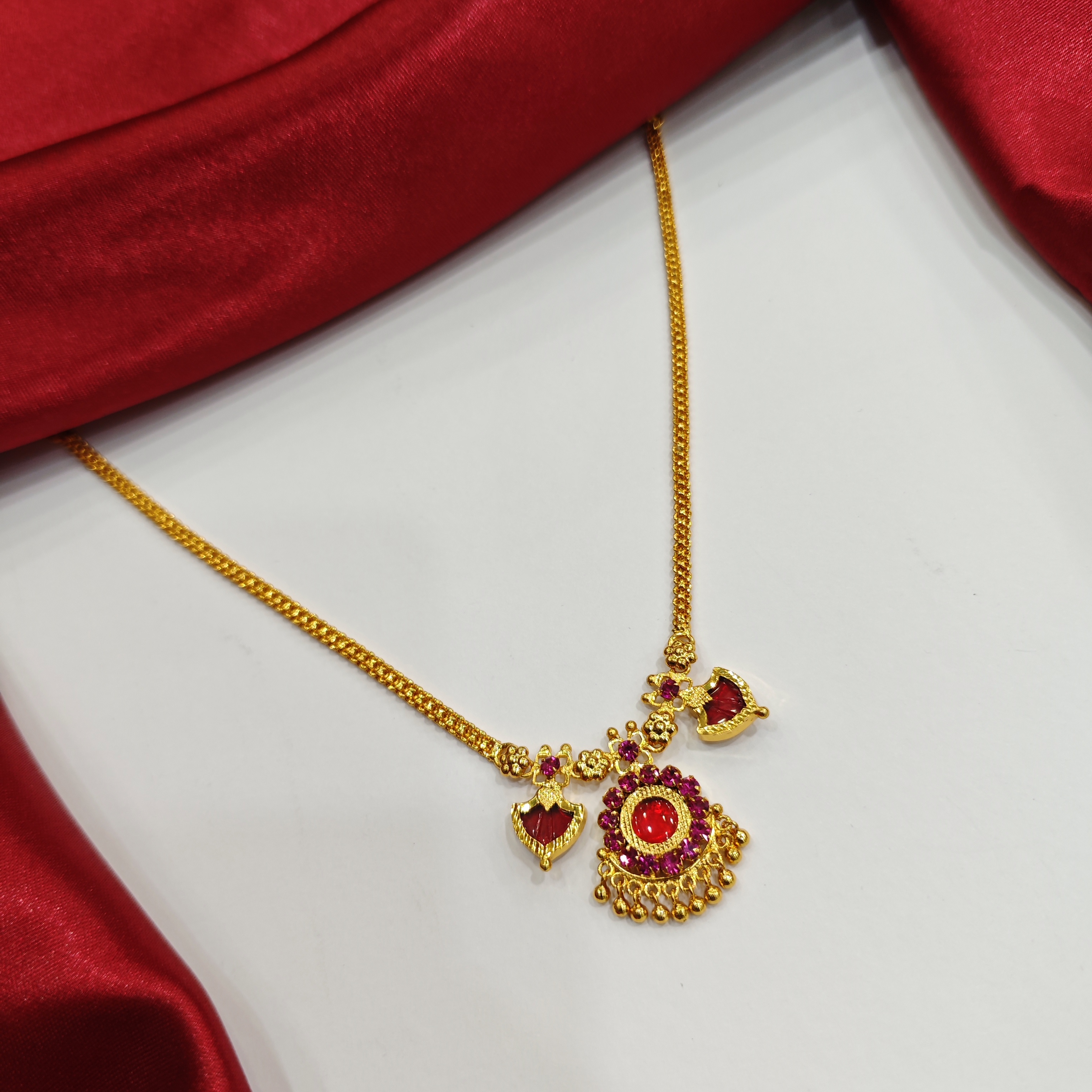 Traditional Palakka 1+1 Red Gold Plated Necklace – Kerala Style Design