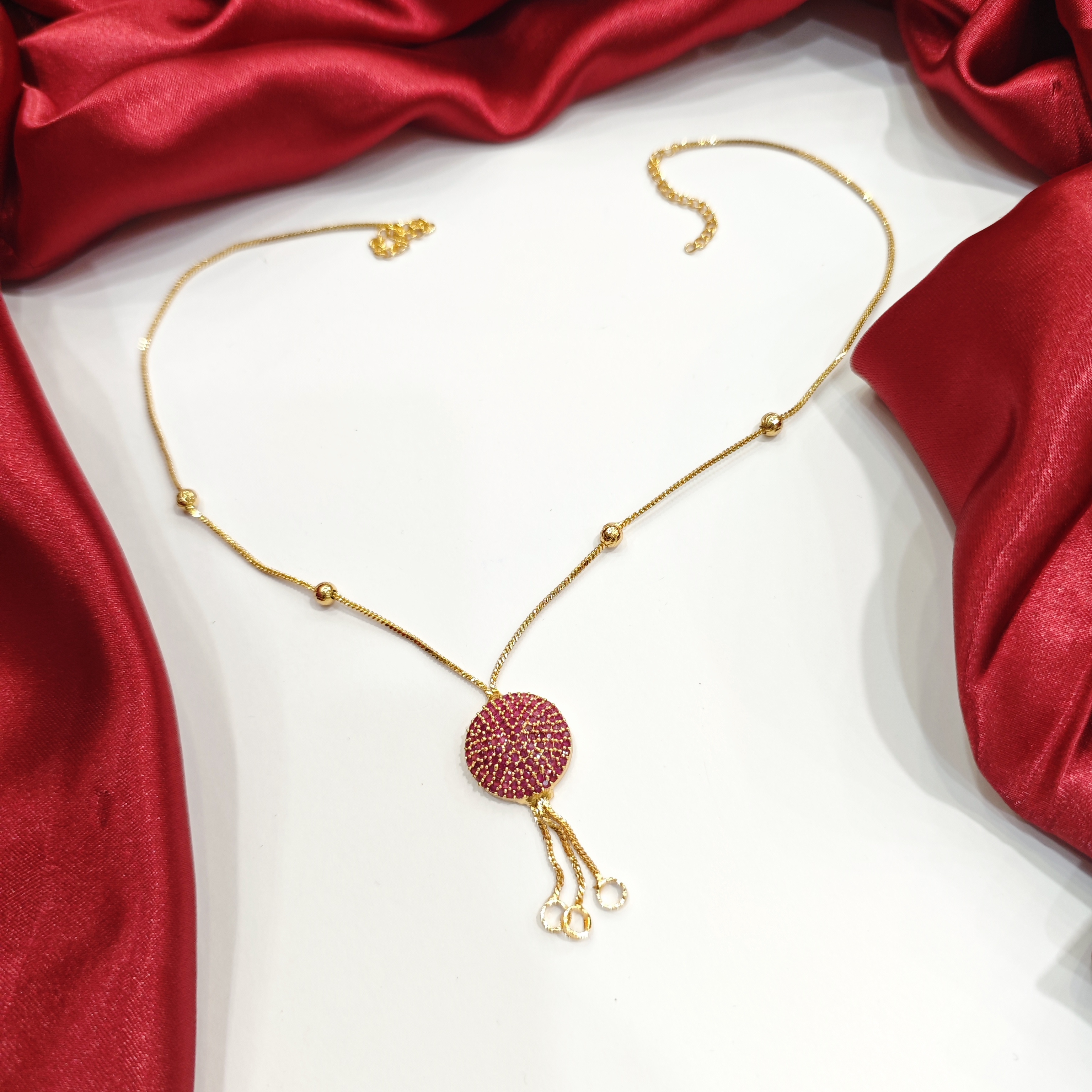Ruby Red Stone Round Pendant Necklace – Gold Plated