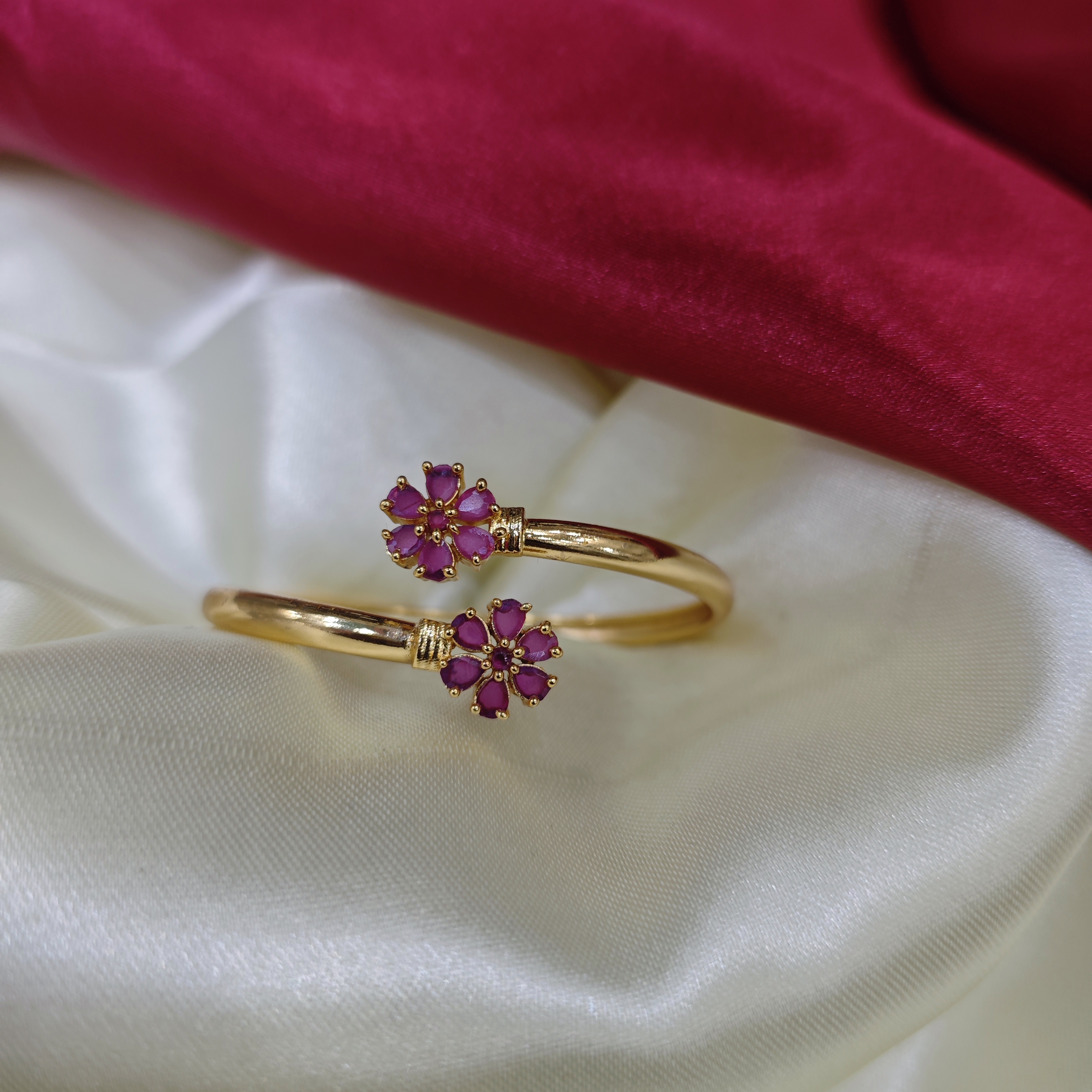 Gold Plated Adjustable Floral Ruby Stone Bangle