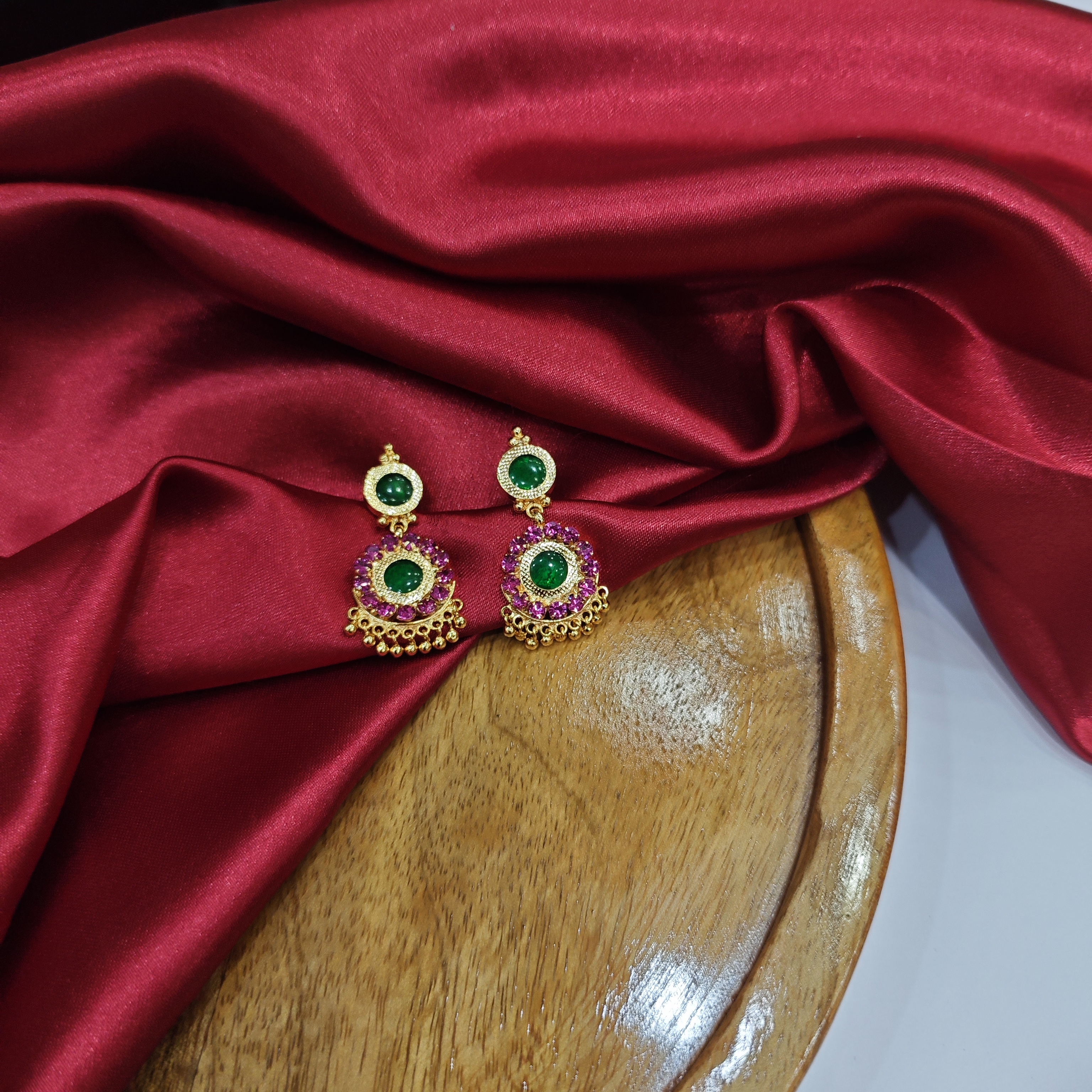 Gold-Plated Palakka Green & Ruby Stone Earrings