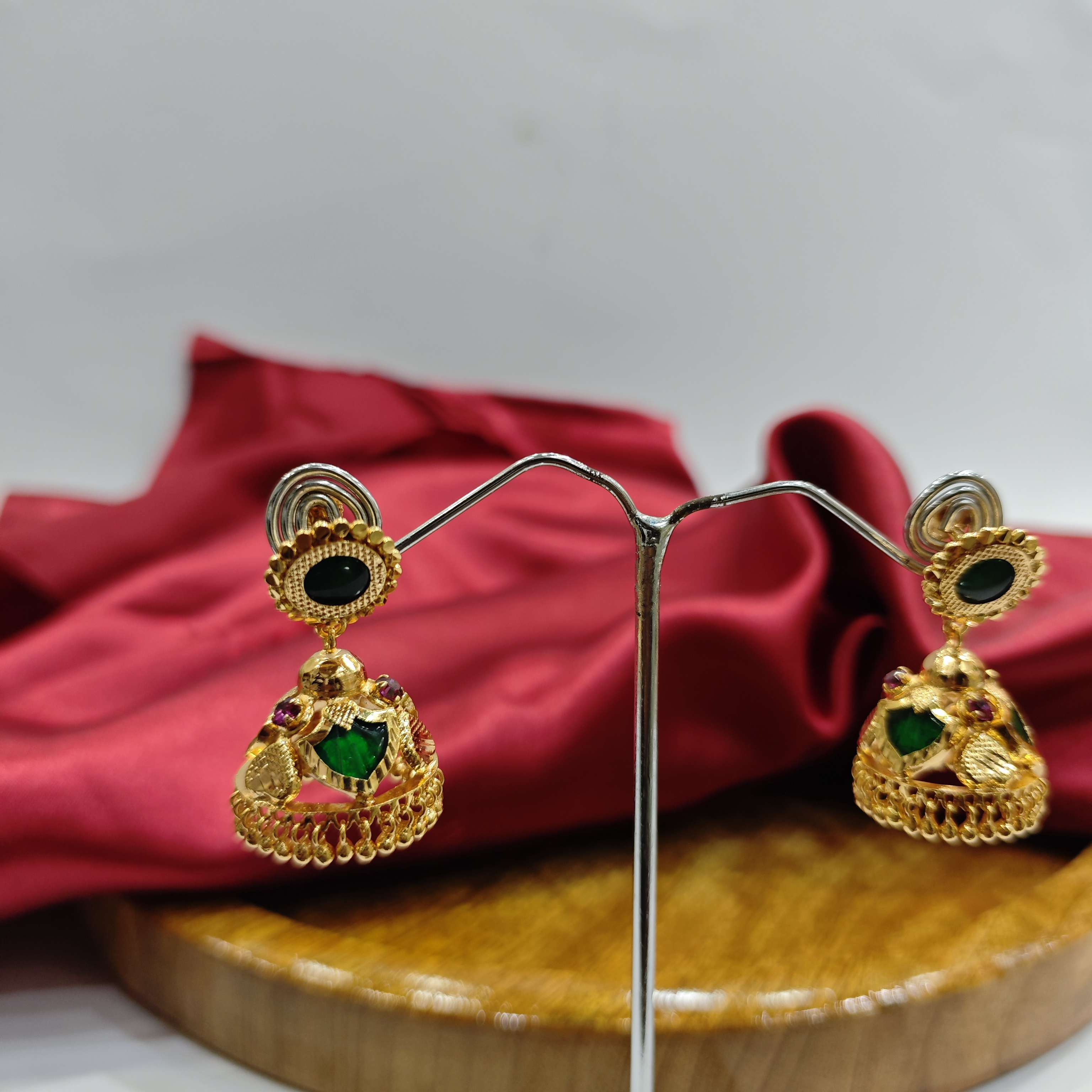 Vasora Gold Plated Palakka Green 3 Petals Jhumka Earrings