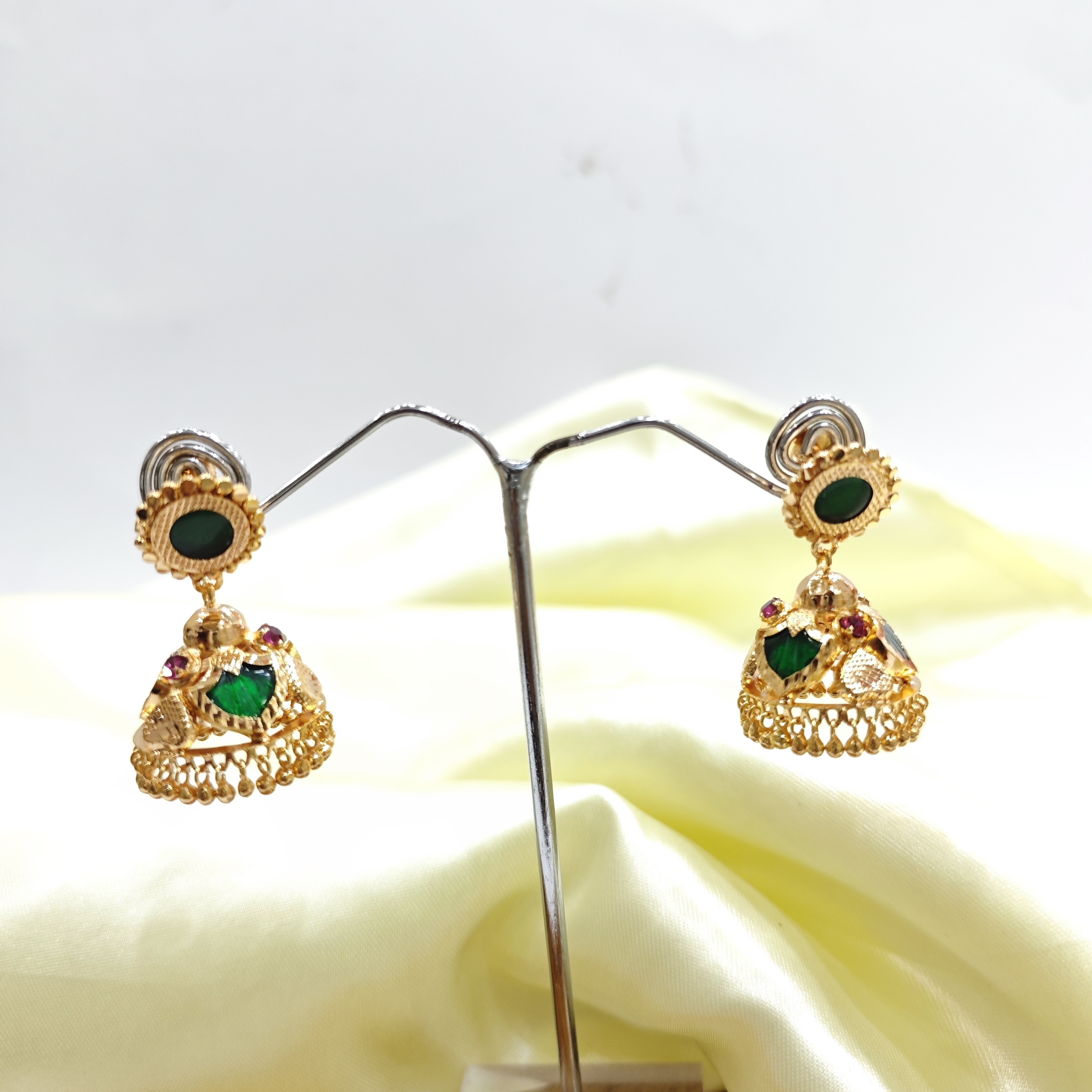 Vasora Gold Plated Palakka Green 3 Petals Jhumka Earrings