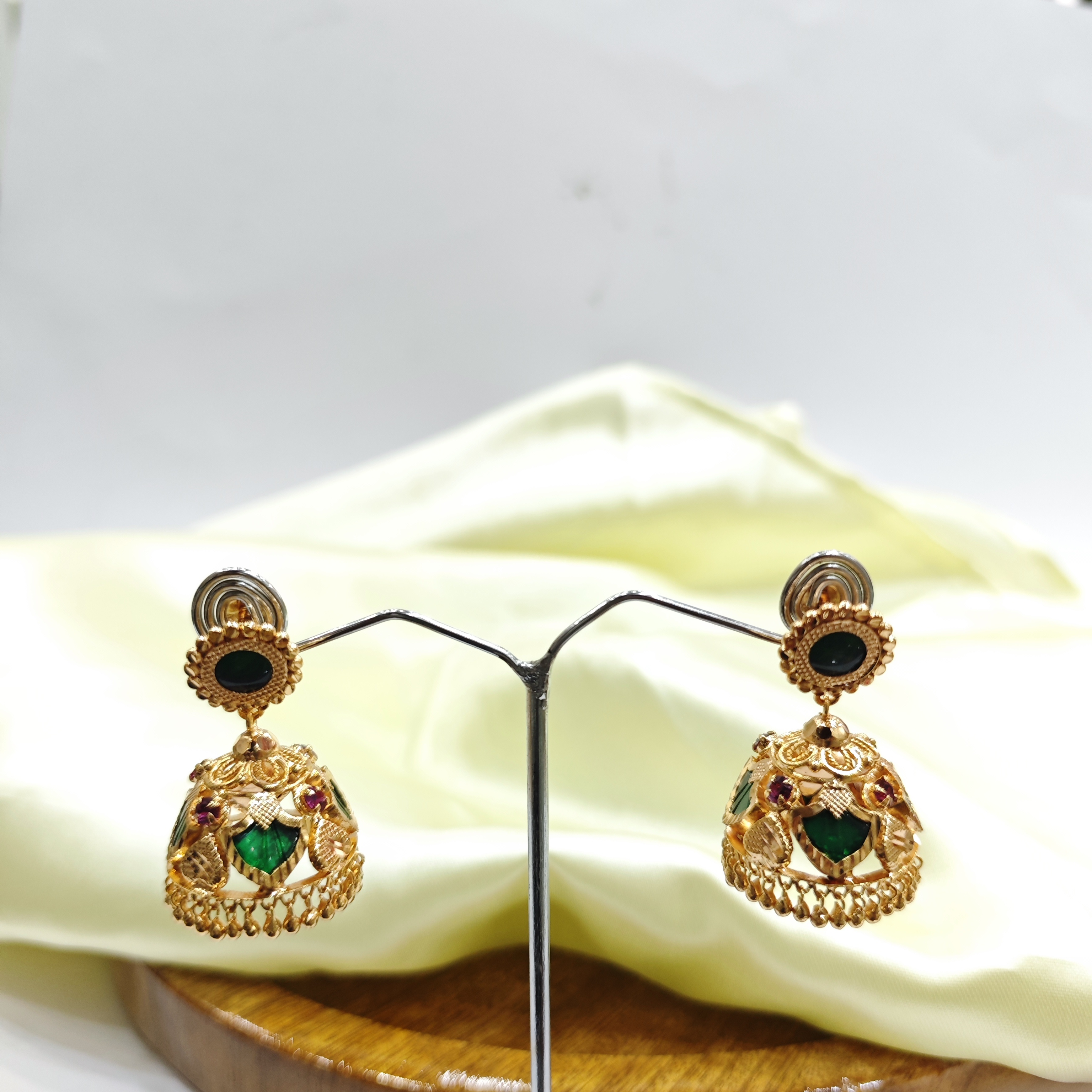 Vasora Gold Plated Palakka Green 4 Petals Jhumka Earrings