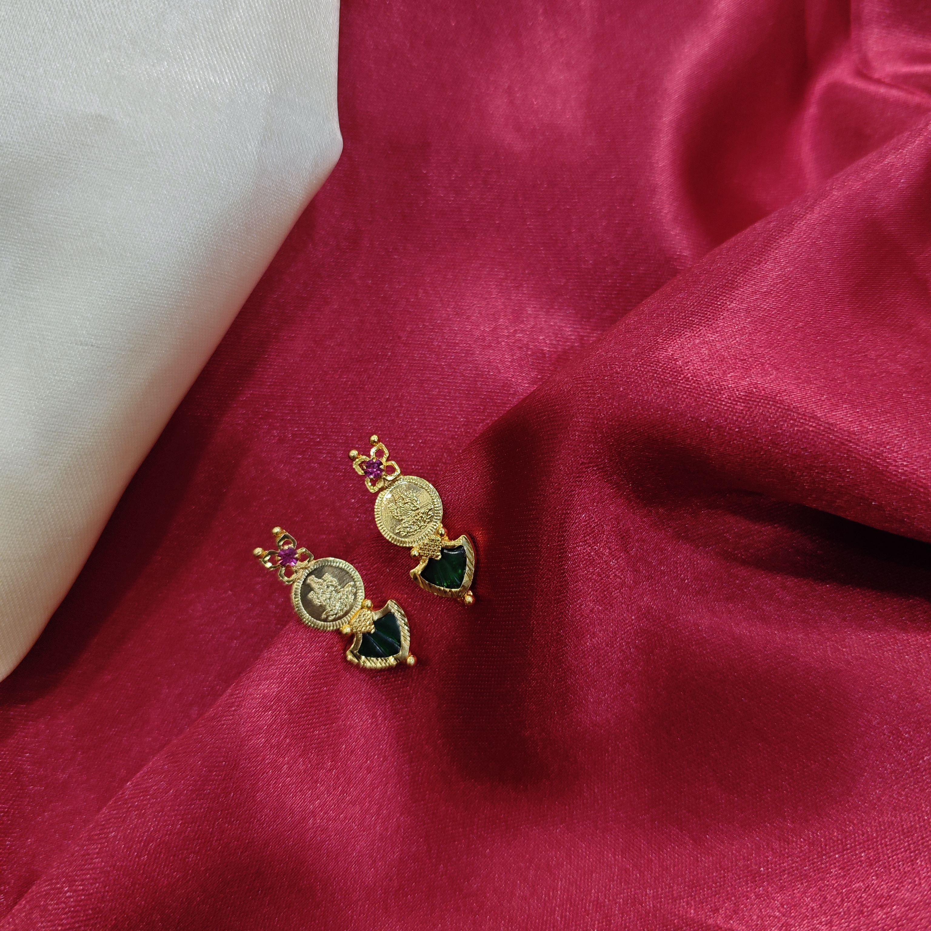 Gold plated  green palakka lakshmi coin stud
