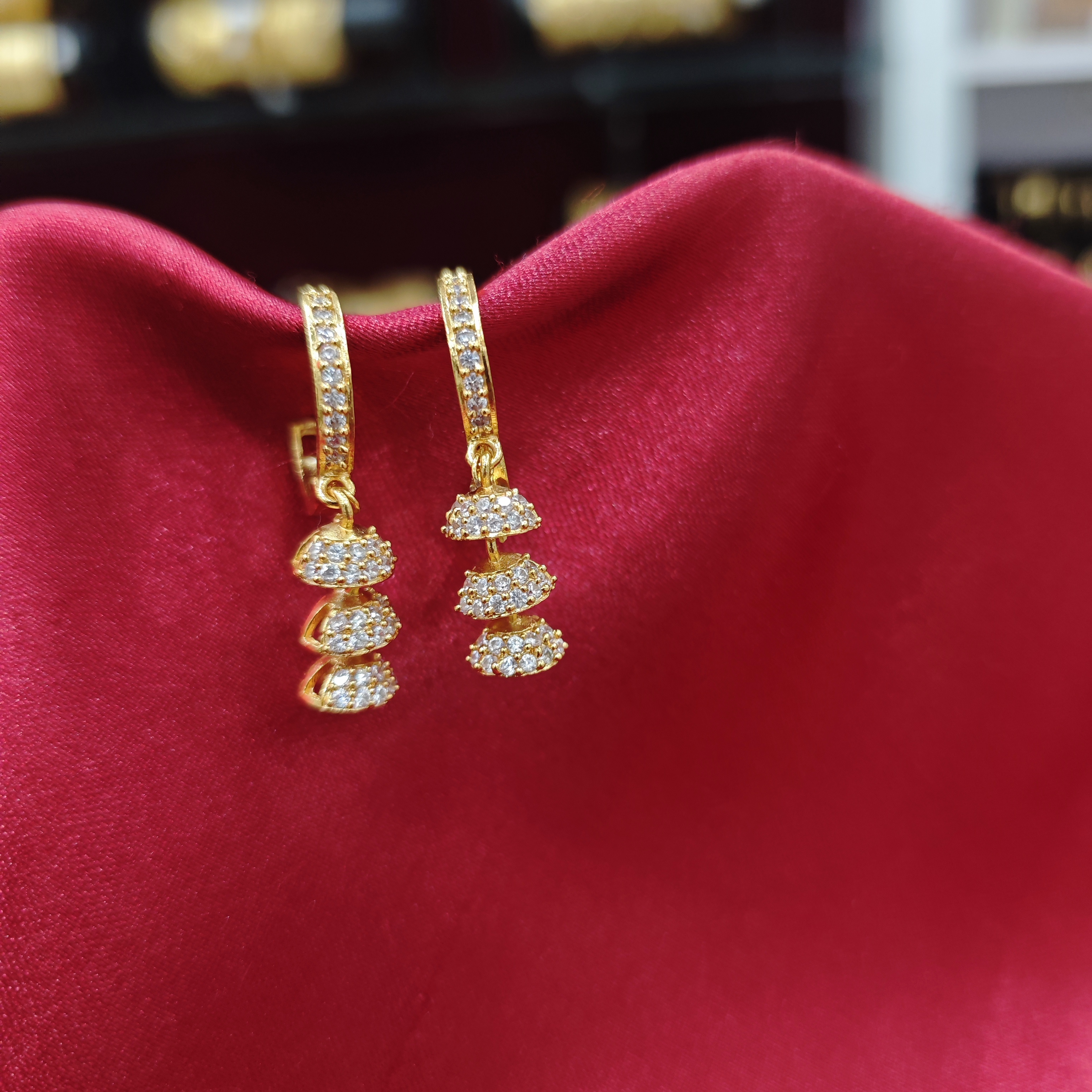 Gold plated plain small earing with white ad stone 2 step  jimukka 