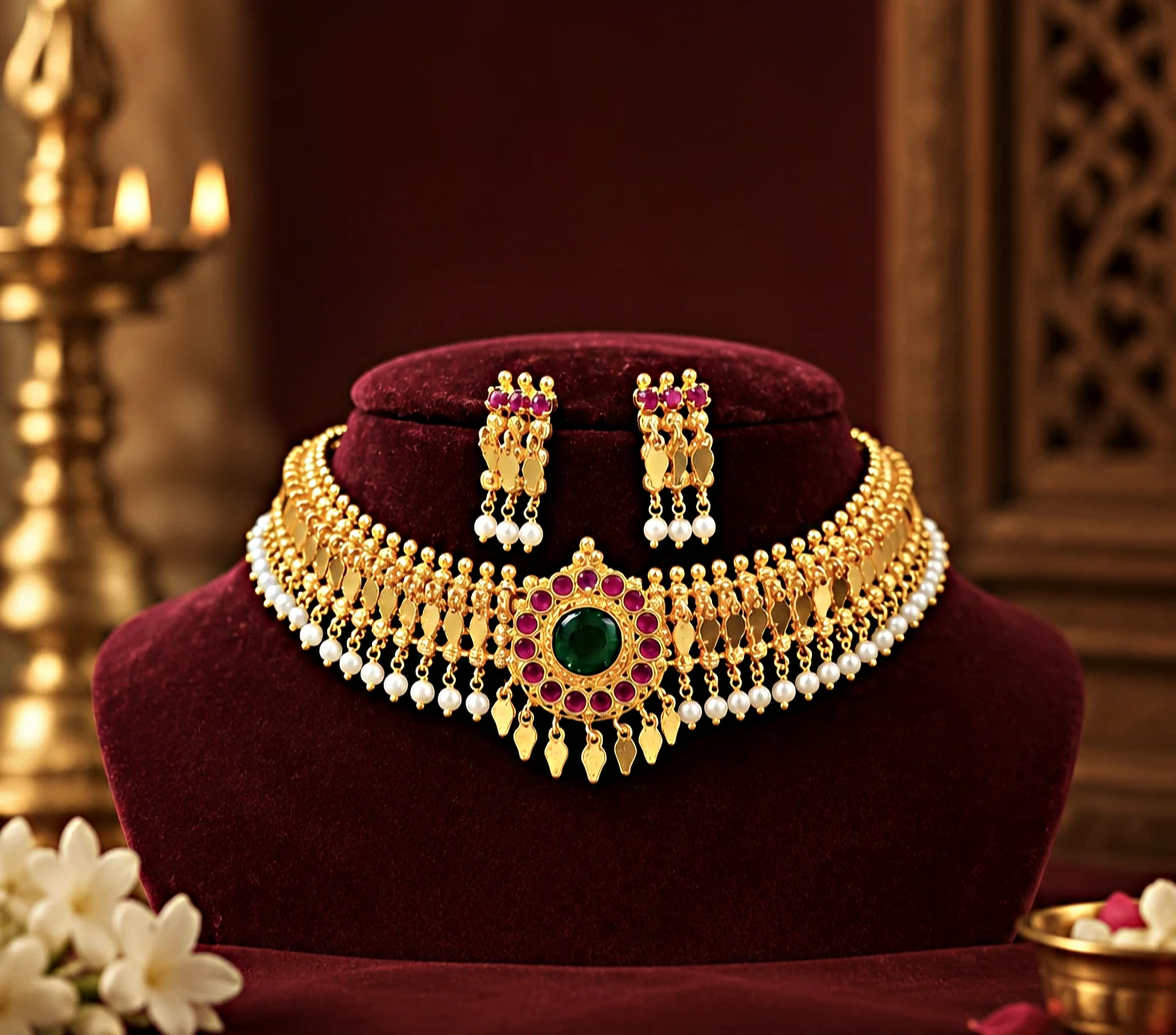gold plated pearl elakkathali with green center locket with ruby stone elakkathali