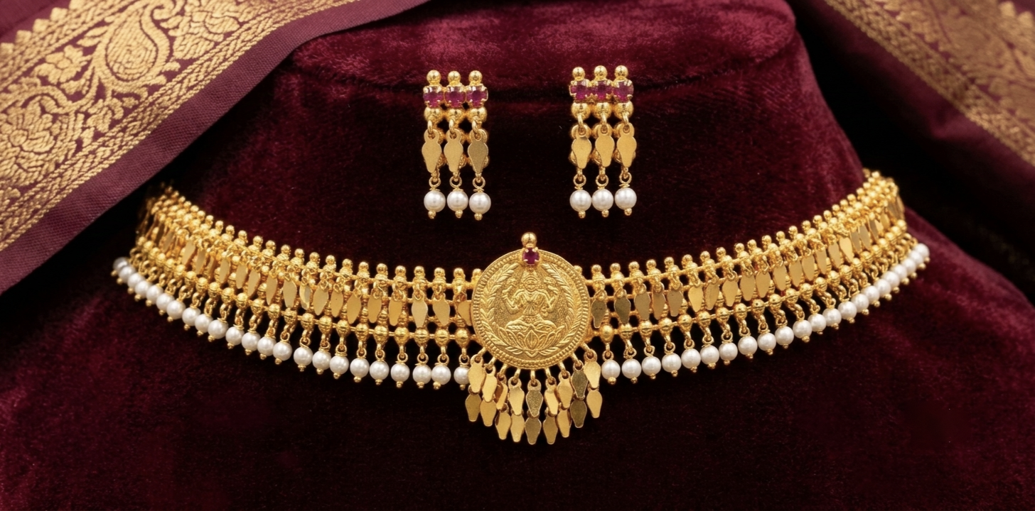 gold plated pearl elakkathali lakshmi coin locket with  elakkathali