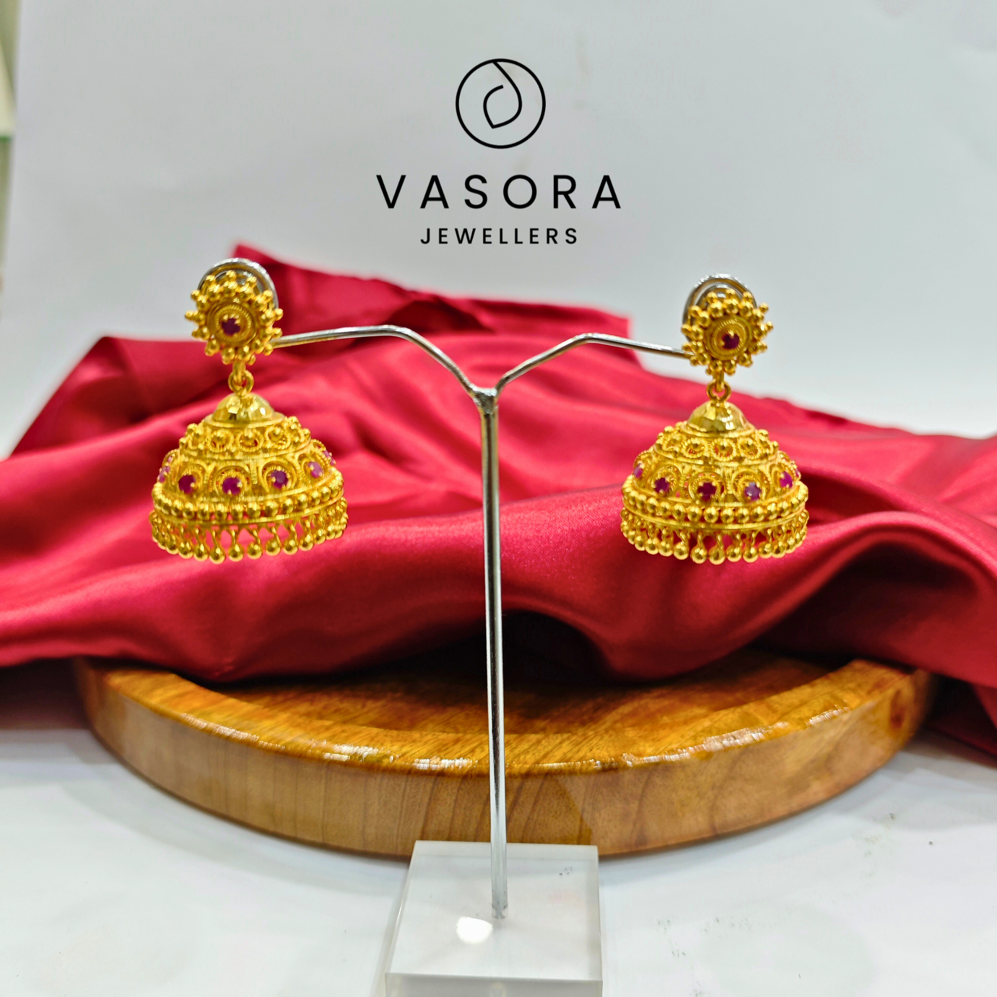 Vasora Traditional Kemp Red Stone Jhumka Earrings