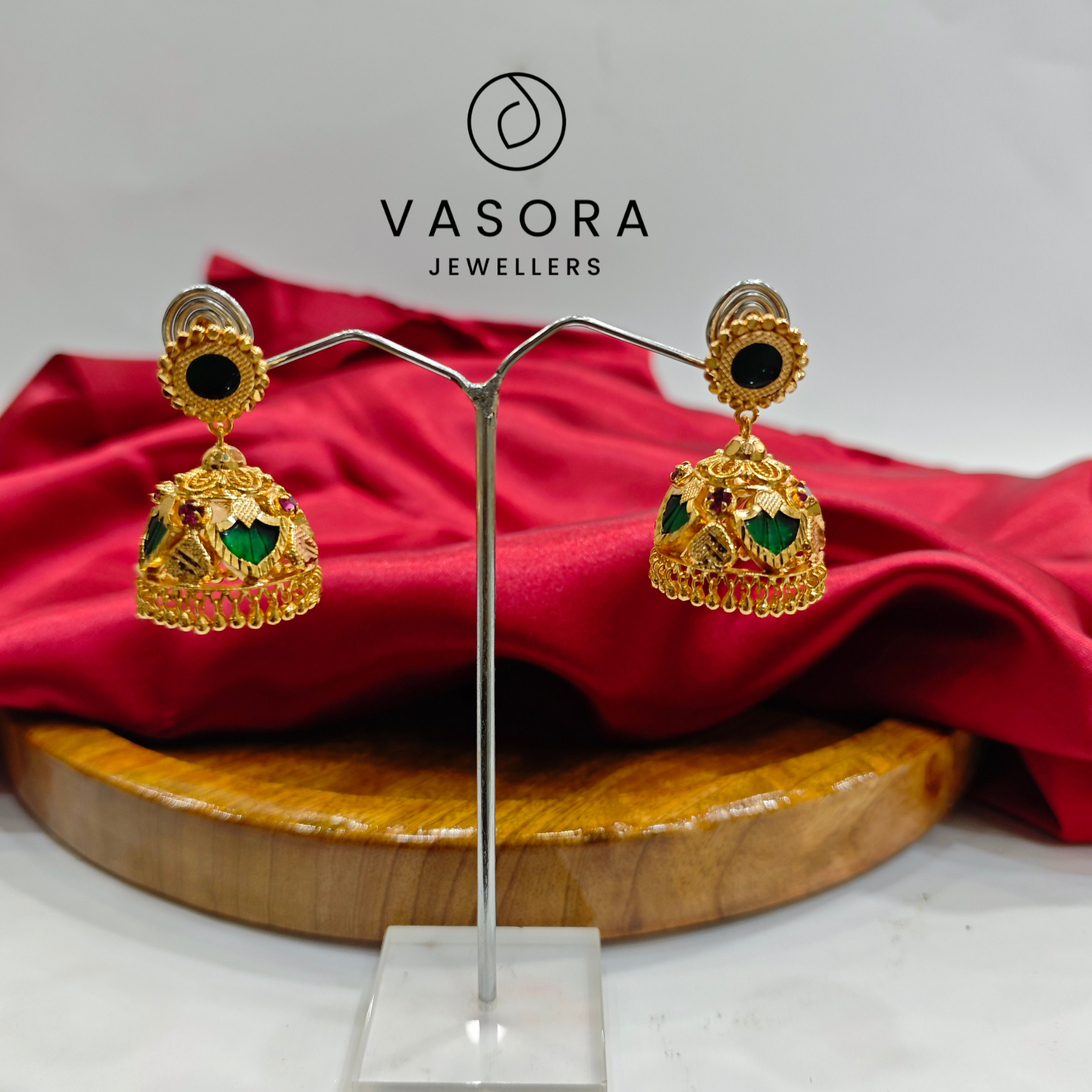 Vasora Gold Plated Palakka Green 4 Petals Jhumka Earrings