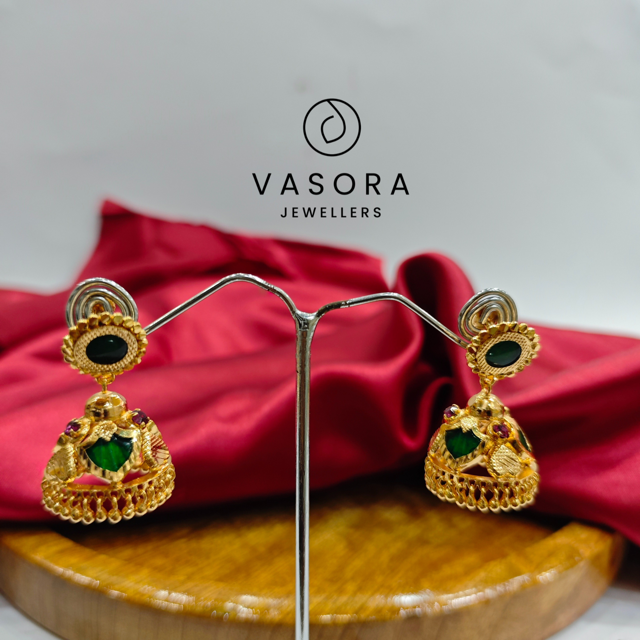 Vasora Gold Plated Palakka Green 3 Petals Jhumka Earrings