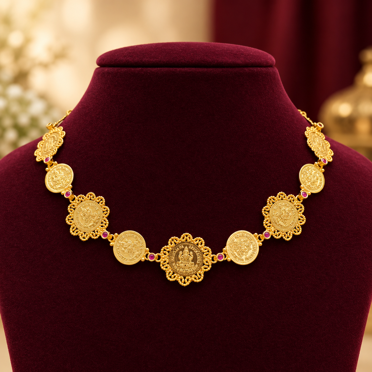 gold plated lakshmi coin chocker with ruby stone 